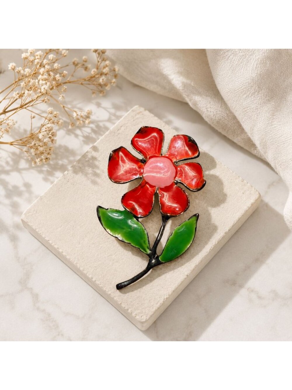 Vintage Red Enamel Flower Brooch Pin Retro Floral Cottagecore Mid Century Jewelr